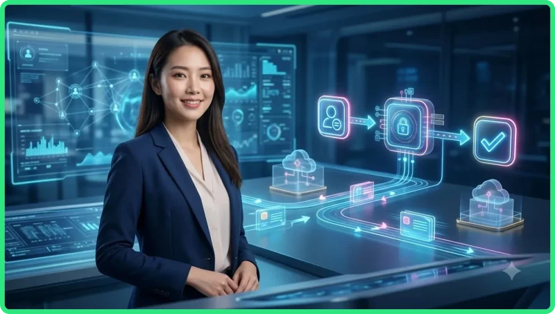 Ảnh minh họa giới thiệu chính sách quyền riêng tư trên nền tảng trực tuyến với khiên bảo vệ hologram