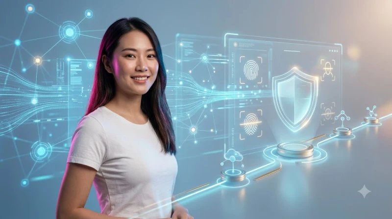Ảnh minh họa giới thiệu chính sách quyền riêng tư trên nền tảng trực tuyến với khiên bảo vệ hologram