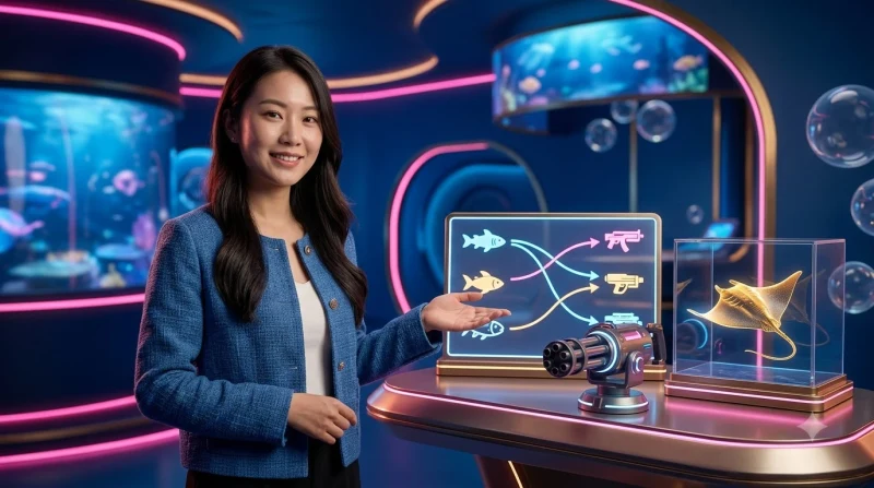 Minh họa một bàn tay cách điệu đeo găng tay hướng vũ khí ALO789 về phía một con cá quý hiếm trong khi tránh các con cá nhỏ, trong khung cảnh arcade neon, không có chữ