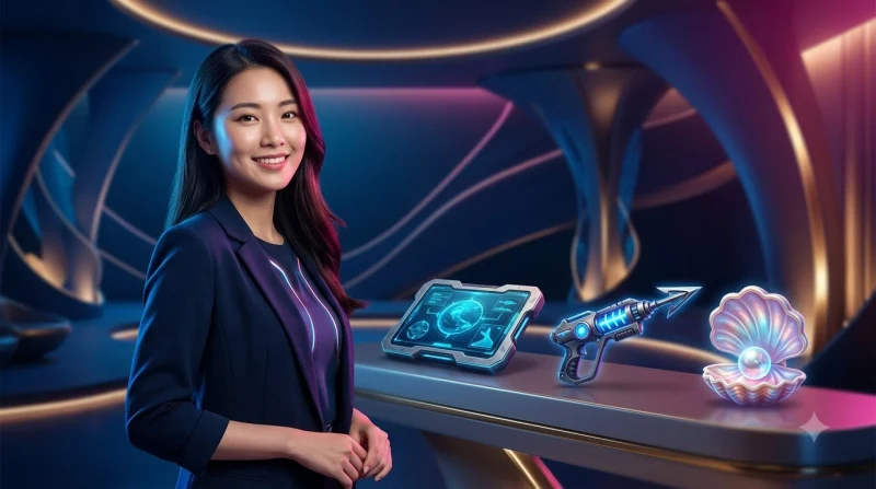 Minh họa vũ khí ALO789 được cải tiến bao quanh bởi cá và đồng xu nổi trong khung cảnh arcade đại dương neon, không có chữ