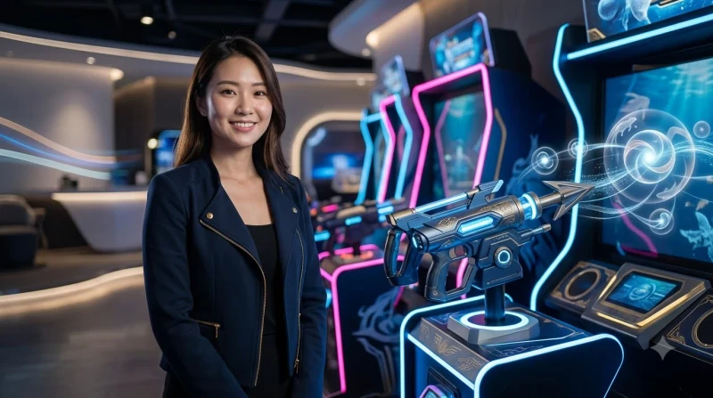Minh họa quá trình bắn mũi lao ALO789 về phía các loài cá nhiệt đới trong môi trường arcade đại dương neon, không có chữ