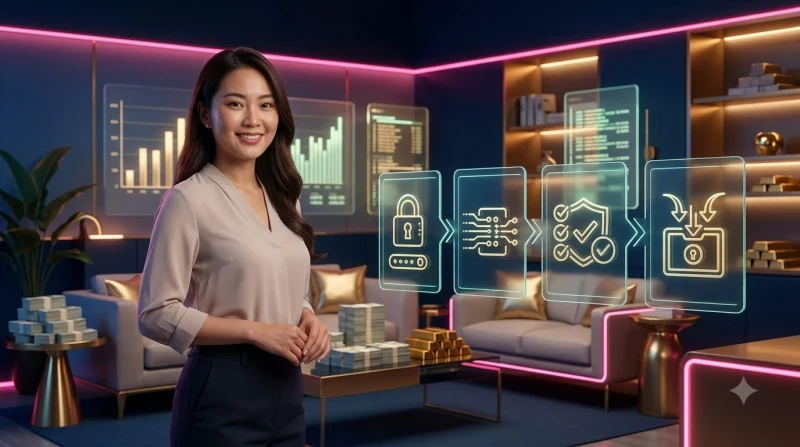 Minh họa hướng dẫn từng bước quy trình rút tiền trực tuyến từ thiết bị.
