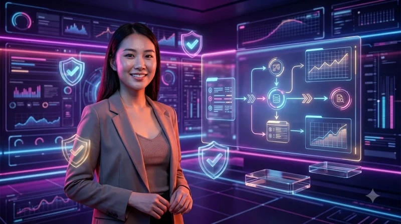 Minh họa quy trình đánh giá sản phẩm với các nút sáng liên kết thành luồng trải nghiệm trên nền xanh đen.