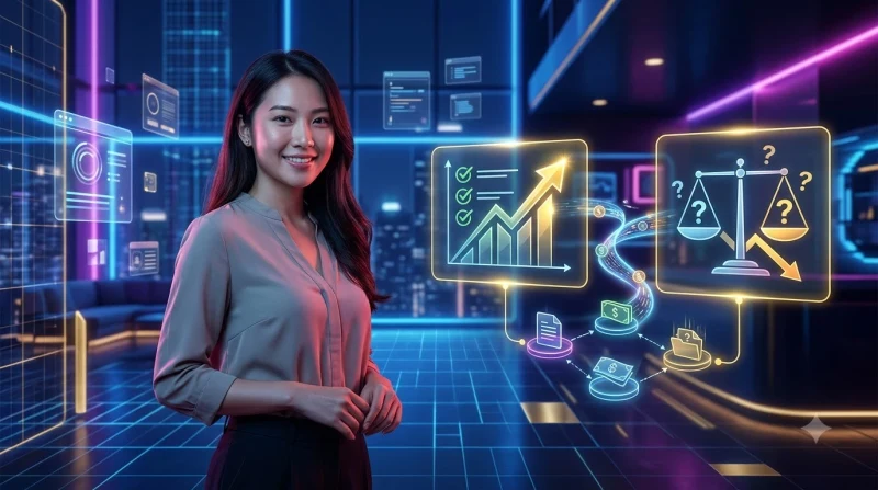 Minh họa so sánh hai lựa chọn sản phẩm với tông ánh sáng xanh dương và vàng trên nền tối sang trọng.