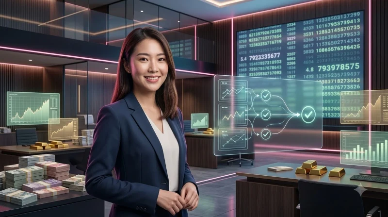 Người đàn ông kiểm tra bảng điều khiển hologram với các biểu tượng xác minh kết quả xổ số