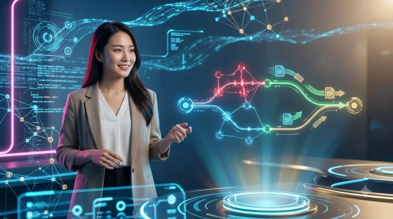 Người dùng theo dõi quy trình bốn bước xử lý lỗi giao dịch hiển thị dưới dạng hologram workflow