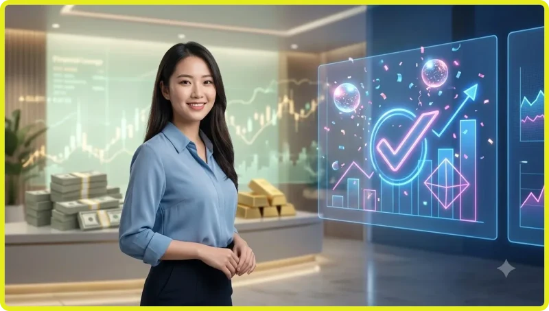 Người phụ nữ tra cứu kết quả xổ số ALO789 trên điện thoại với các biểu tượng số may mắn