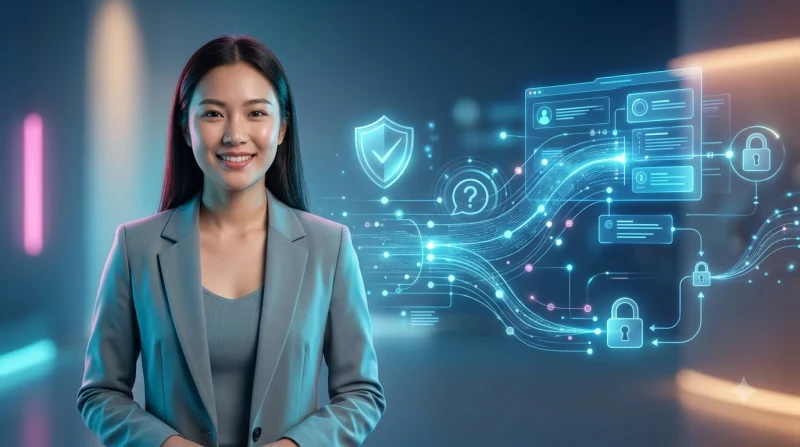 Nhân viên hỗ trợ khách hàng với biểu tượng bảo mật hologram minh họa quy trình liên hệ hỗ trợ an toàn