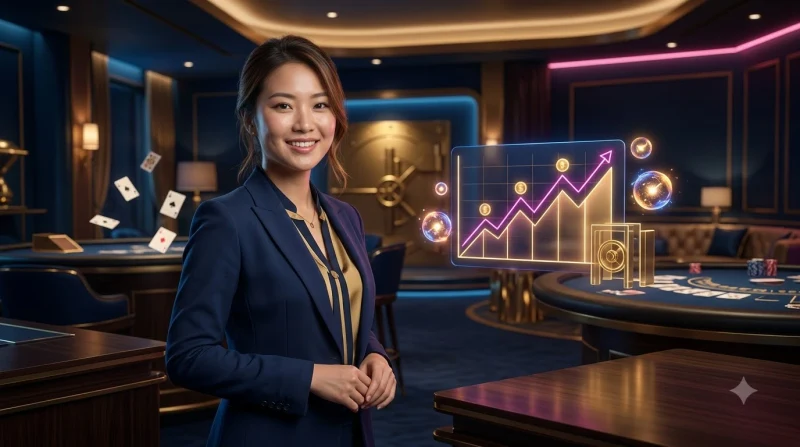 Phụ nữ tự tin điều hướng giao diện phát sáng với các nút dữ liệu và quy trình giao dịch