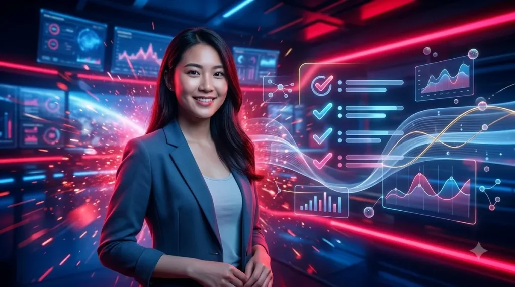 Bảng kiểm kỹ thuật số với các ô đánh dấu và biểu tượng thông báo